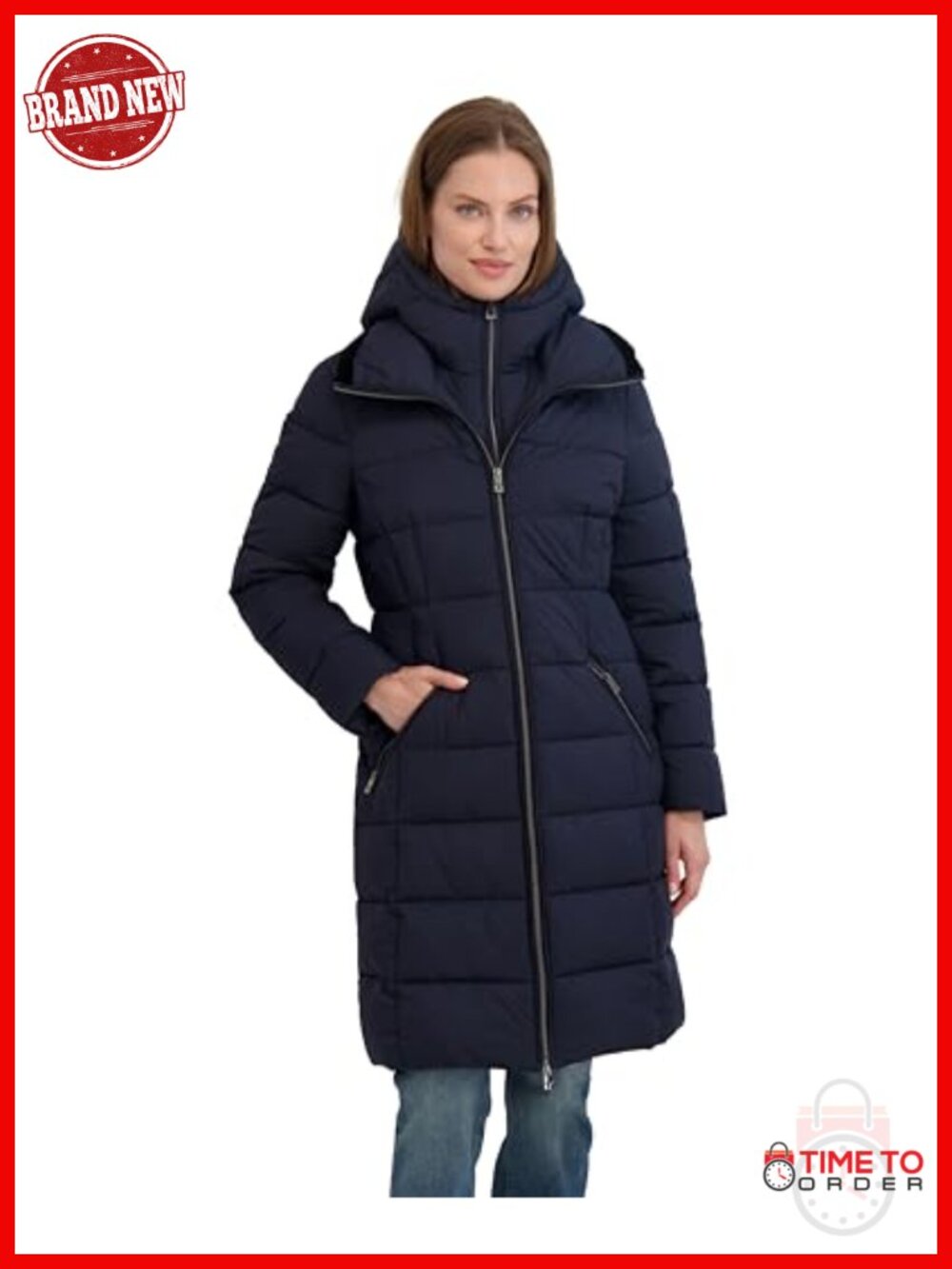 Slim Quilted Puffer Long Coat with Attached Hood, Velvet Bib Insert